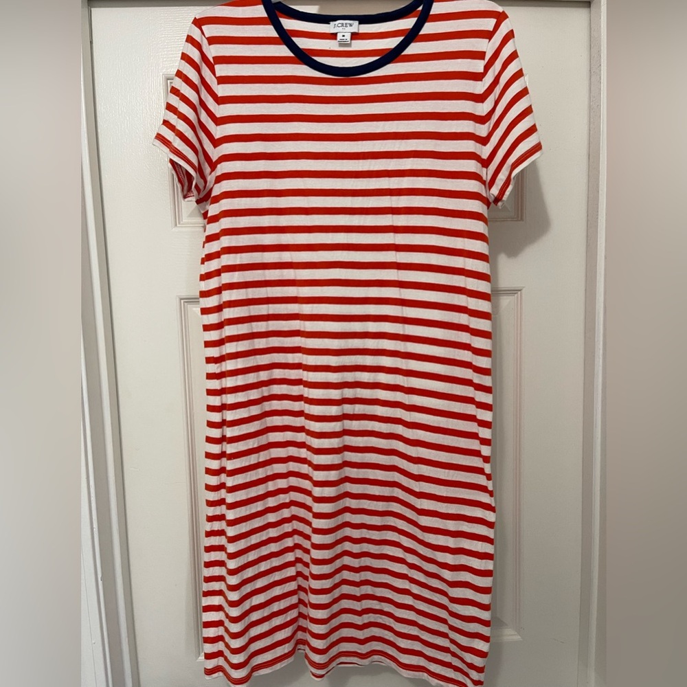 Jcrew tshirt dress size M orange and white striped with navy blue band at neck.